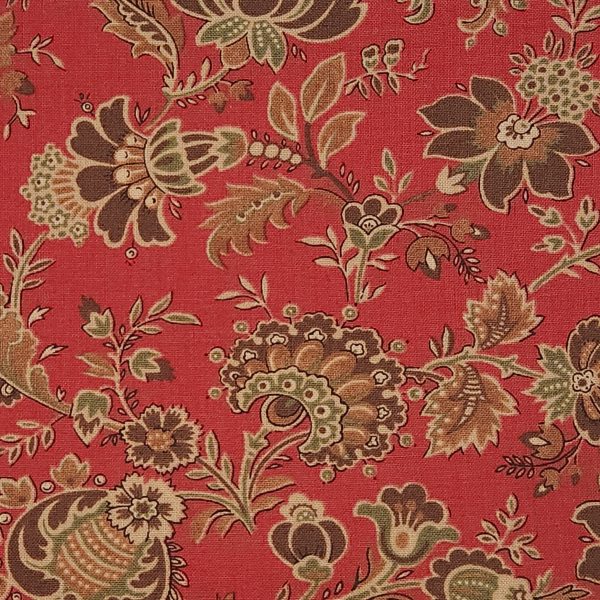 Tela roja flores camel y verde