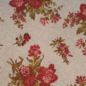 Tela beige flores frambuesa y verde