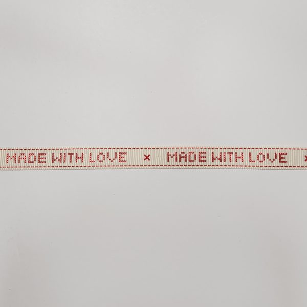Cinta beige pespunte y letras rojo 1.5 cm
